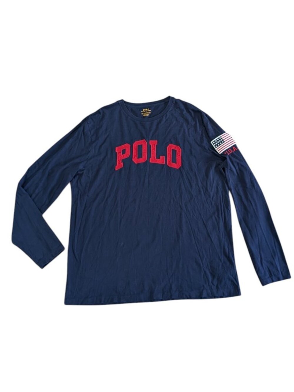 Polo Ralph Lauren Mens Long Sleeve T-Shirt Spell Out USA Flag Patch Navy XL